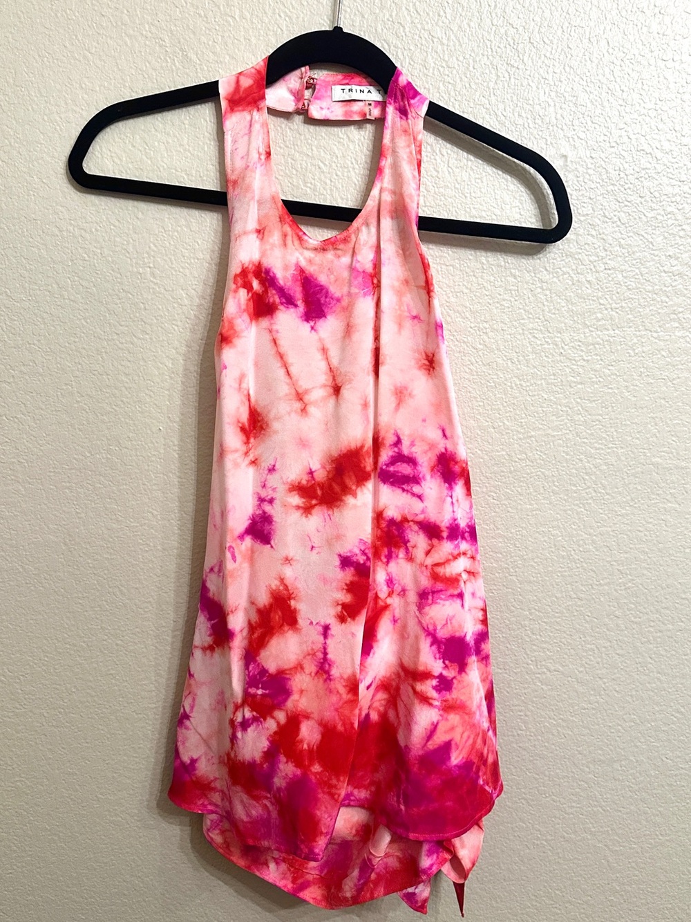 Trina Turk 100% Silk Pink Tie Dye Halter Top Open Back Size M
